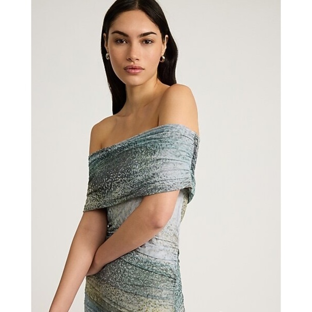 Express Womens Abstract Print Ruched Off The Shoulder Mesh Maxi Dress Green M - Picture 2 of 9
